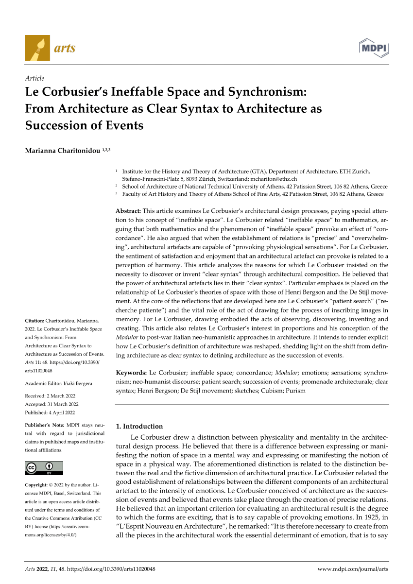 Pdf Marianna Charitonidou Le Corbusier S Ineffable Space And Synchronism From Architecture As Clear Syntax To Architecture As Succession Of Events Arts 11 2 22 Doi Doi Org 10 3390 Arts