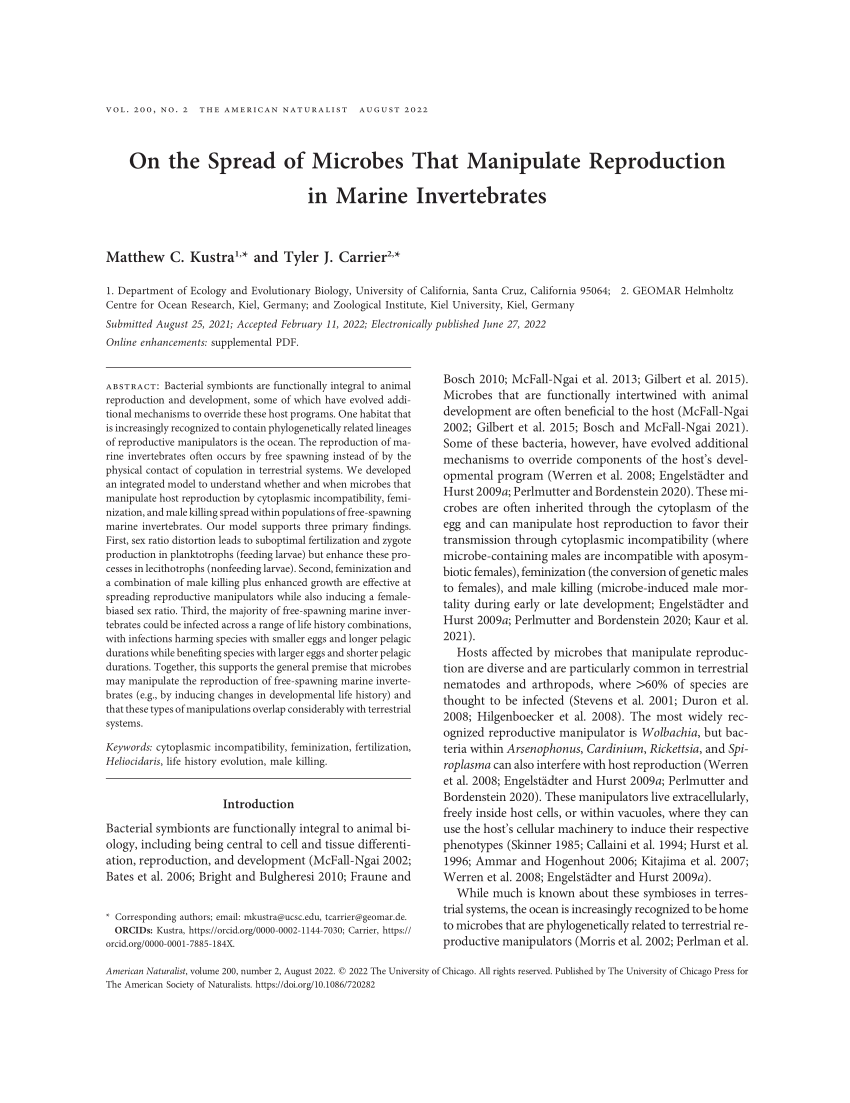 (PDF) On the Spread of Microbes That Manipulate Reproduction in Marine