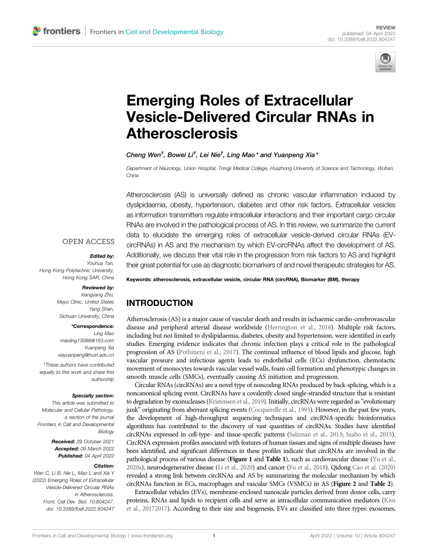 Pdf Emerging Roles Of Extracellular Vesicle Delivered Circular Rnas In Atherosclerosis