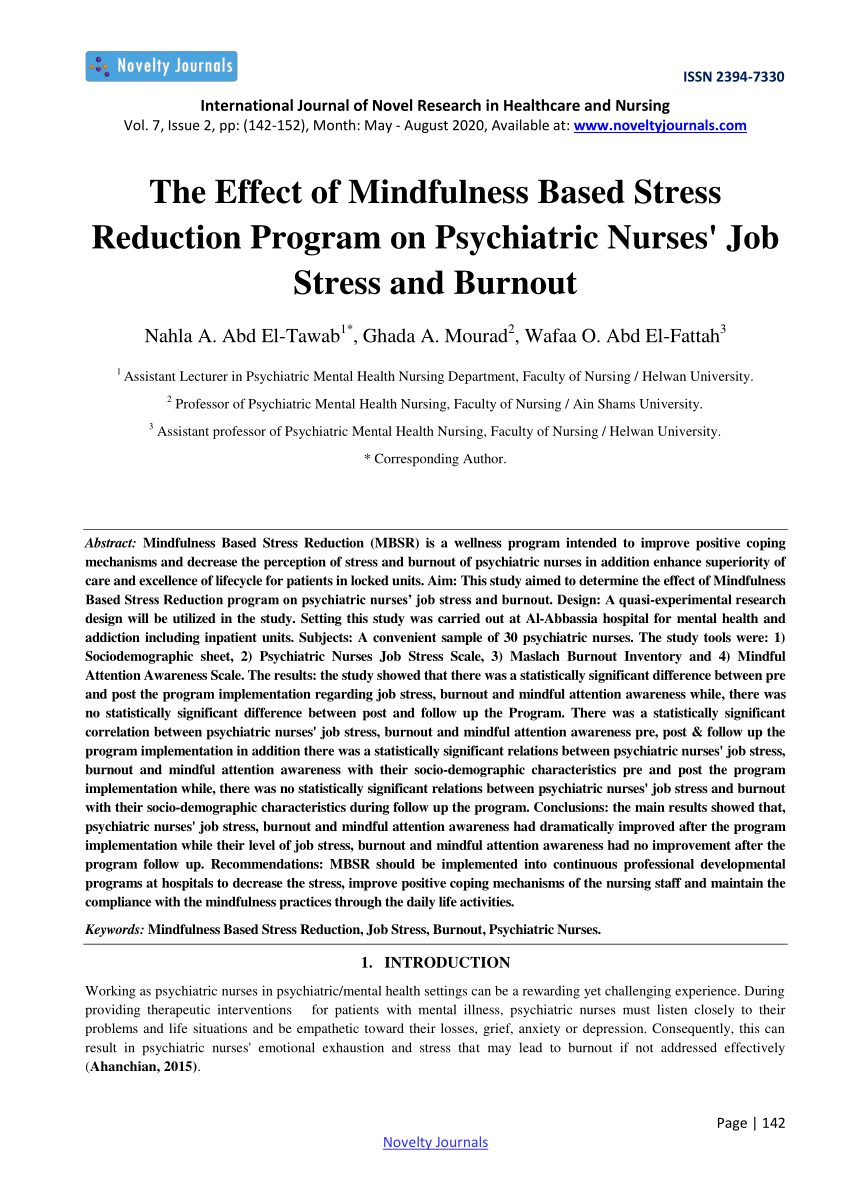 Pdf The Effect Of Mindfulness Based Stress Reduction Program On Psychiatric Nurses Job Stress