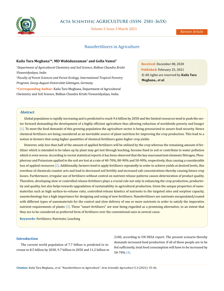 (PDF) Acta Scientific AGRICULTURE (ISSN 2581365X) Nanofertilizers in