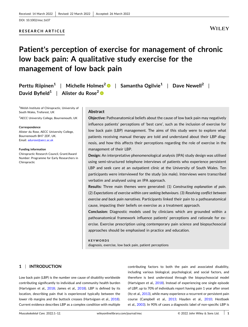 Pdf Patients Perception Of Exercise For Management Of Chronic Low