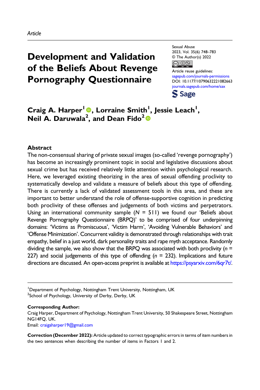 PDF) Development and Validation of the Beliefs About Revenge Pornography Questionnaire photo