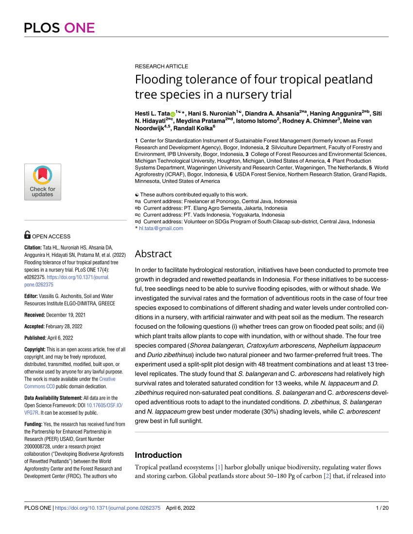 Pdf Flooding Tolerance Of Four Tropical Peatland Tree Species In A Nursery Trial