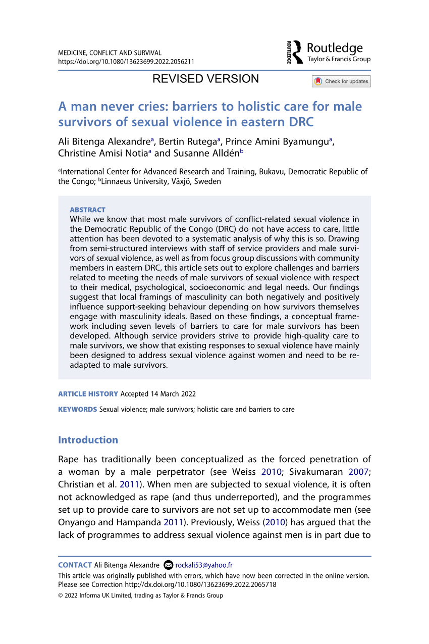 Pdf A Man Never Cries Barriers To Holistic Care For Male Survivors Of Sexual Violence In