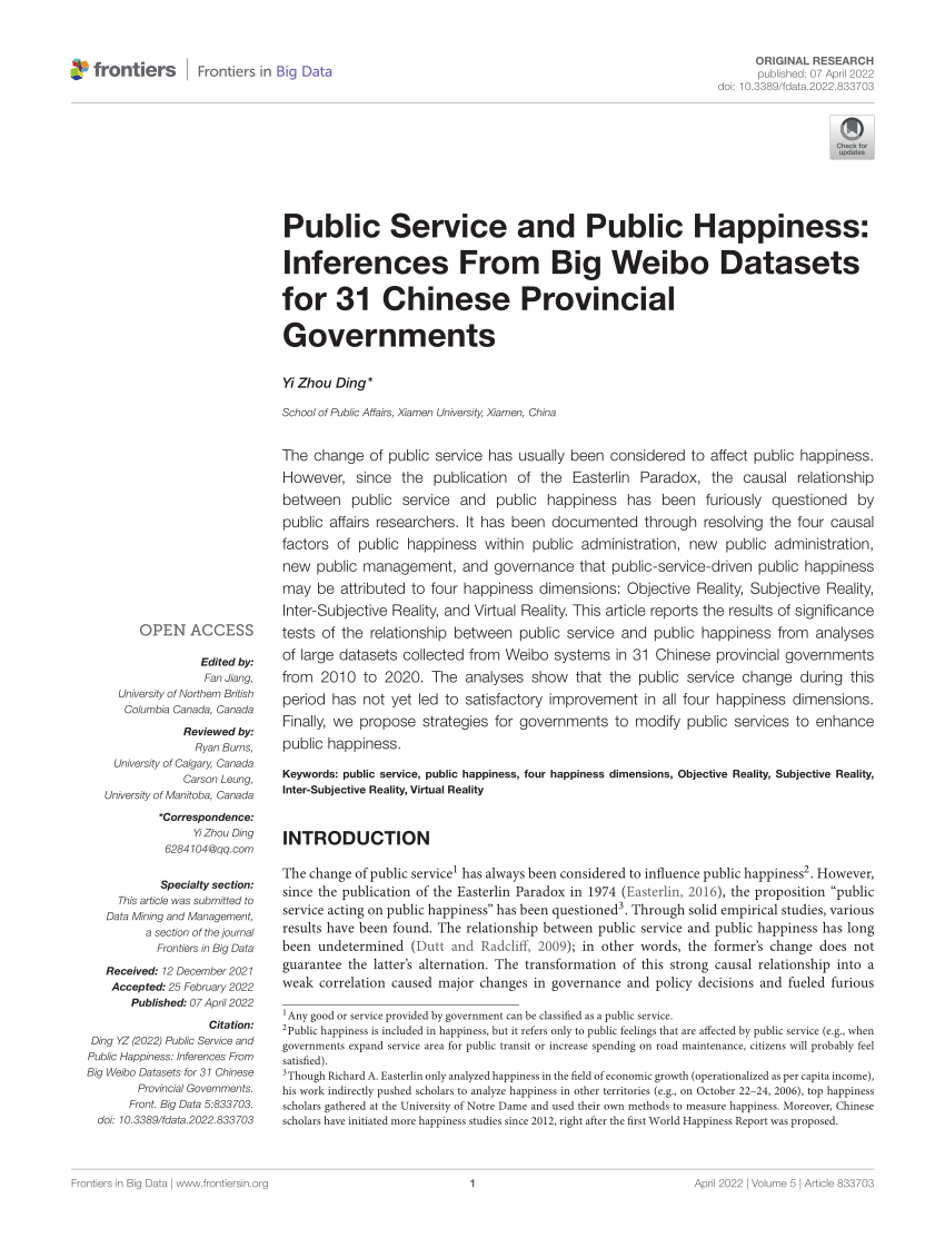 Pdf Public Service And Public Happiness Inferences From Big Weibo Datasets For 31 Chinese Provincial Governments