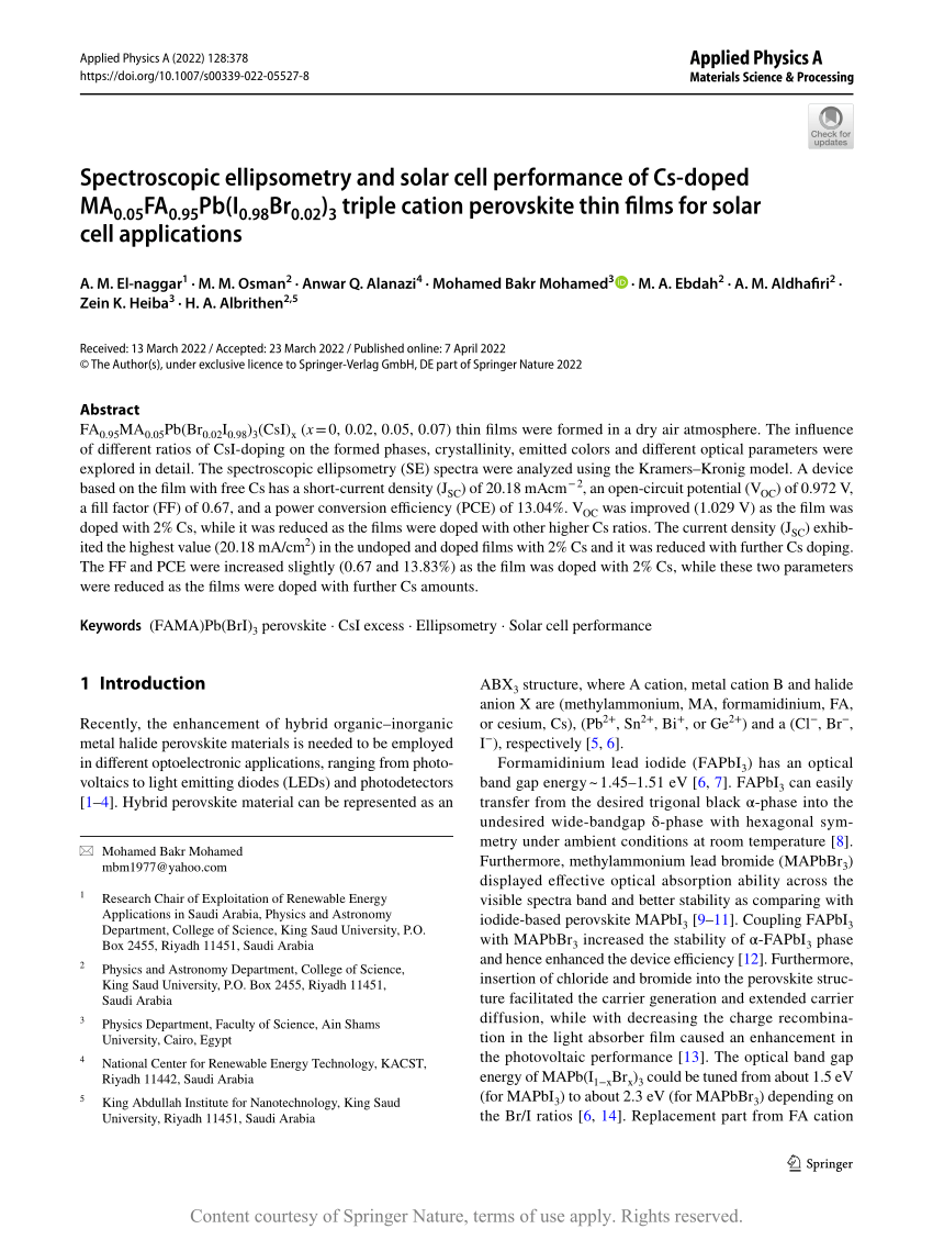 Spectroscopic ellipsometry and solar cell performance of Csdoped MA0