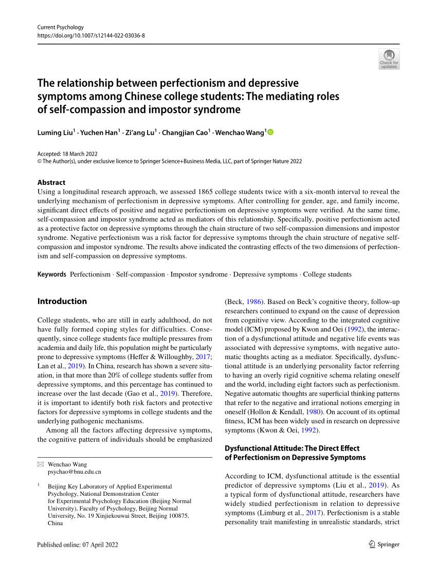 Pdf The Relationship Between Perfectionism And Depressive Symptoms Among Chinese College 6948