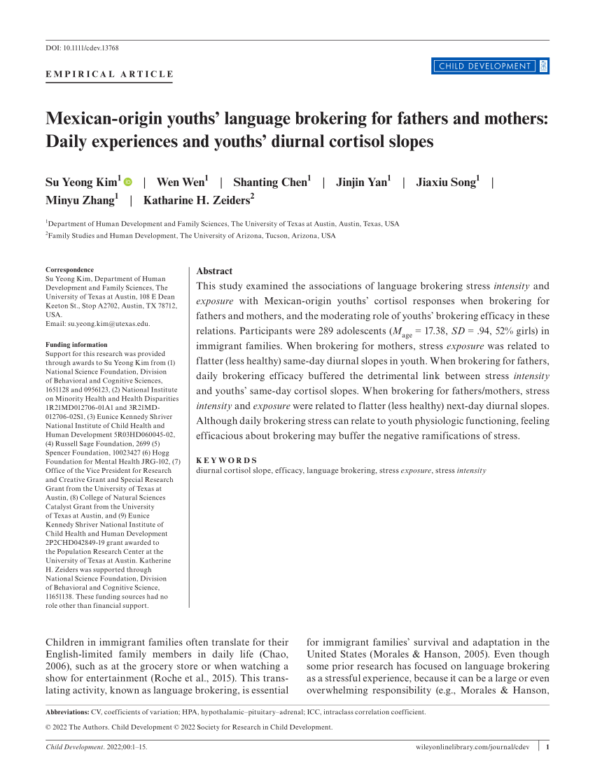 Kolijevka Zadruga predložiti  PDF) Mexican‐origin youths' language brokering for fathers and mothers:  Daily experiences and youths' diurnal cortisol slopes | published in Child  Development