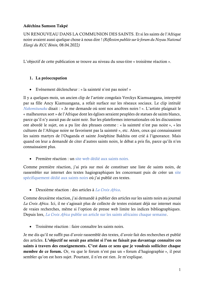 Pdf Un Renouveau Dans La Communion Des Saints Et Si Les Saints De L Afrique Noire Avaient Aussi Quelque Chose A Nous Dire