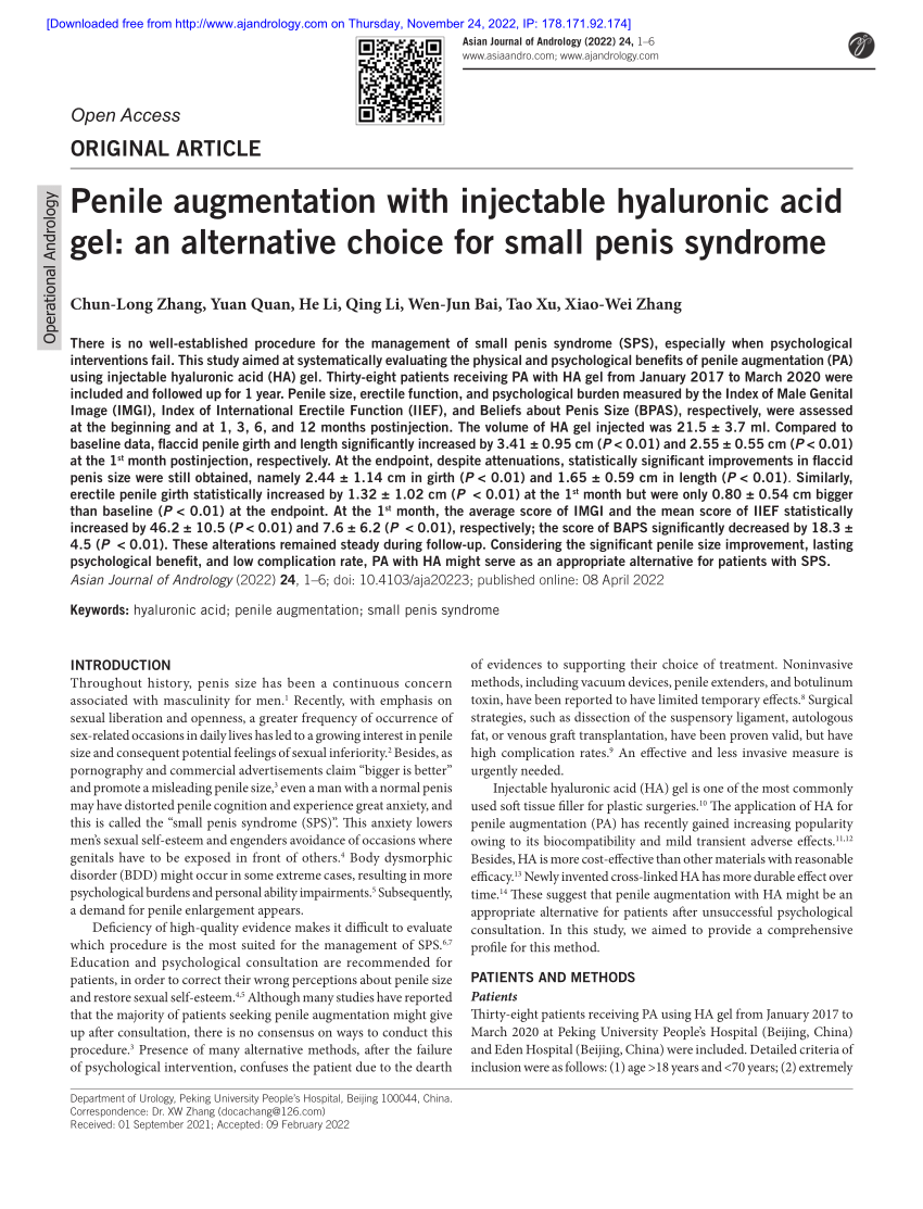 Pdf Penile Augmentation With Injectable Hyaluronic Acid Gel An