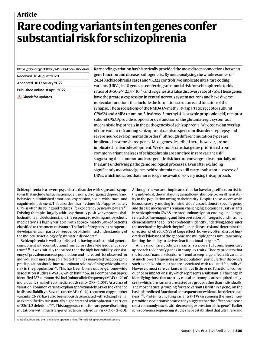 Pdf Rare Coding Variants In Ten Genes Confer Substantial Risk For Schizophrenia 1188