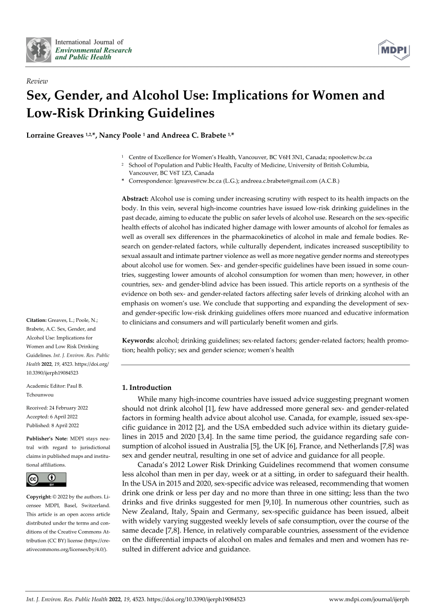 Pdf Sex Gender And Alcohol Use Implications For Women And Low Risk Drinking Guidelines 