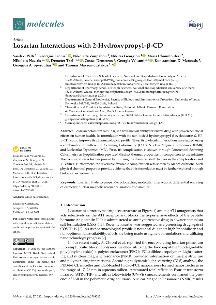 (PDF) Losartan Interactions with 2HydroxypropylβCD