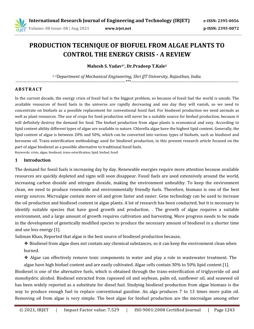 production of biofuel from algae research paper