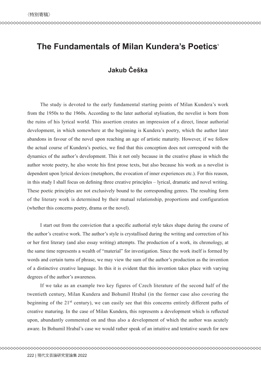 PDF) Jakub Češka, The Fundamentals of Milan Kundera's Poetics, Renyxa,  No.12, 2022. pp.222-250.
