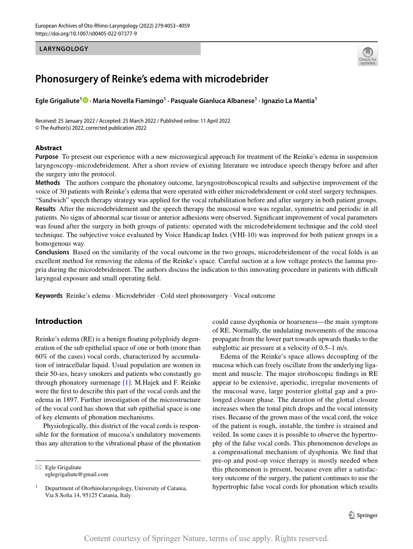 (PDF) Phonosurgery of Reinke’s edema with microdebrider