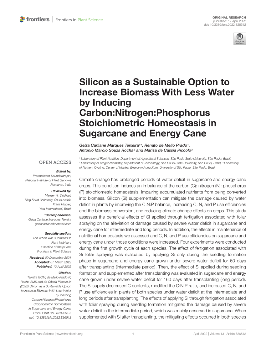 PDF) Silicon as a Sustainable Option to Increase Biomass With Less 