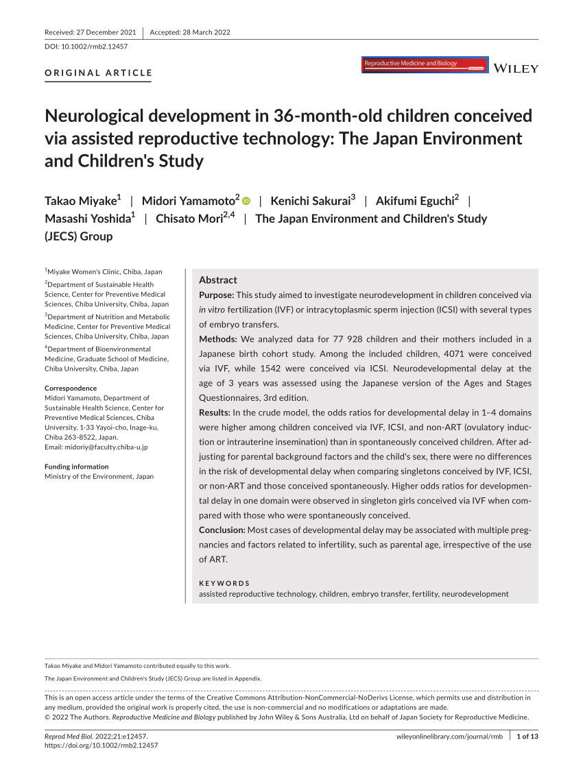 PDF) Neurological development in 36‐month‐old children conceived via  assisted reproductive technology: The Japan Environment and Children's Study