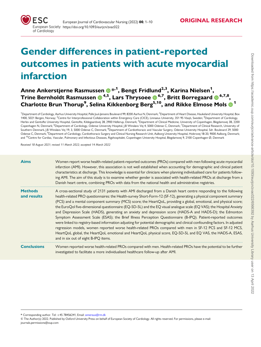 Pdf Gender Differences In Patient Reported Outcomes In Patients With Acute Myocardial Infarction