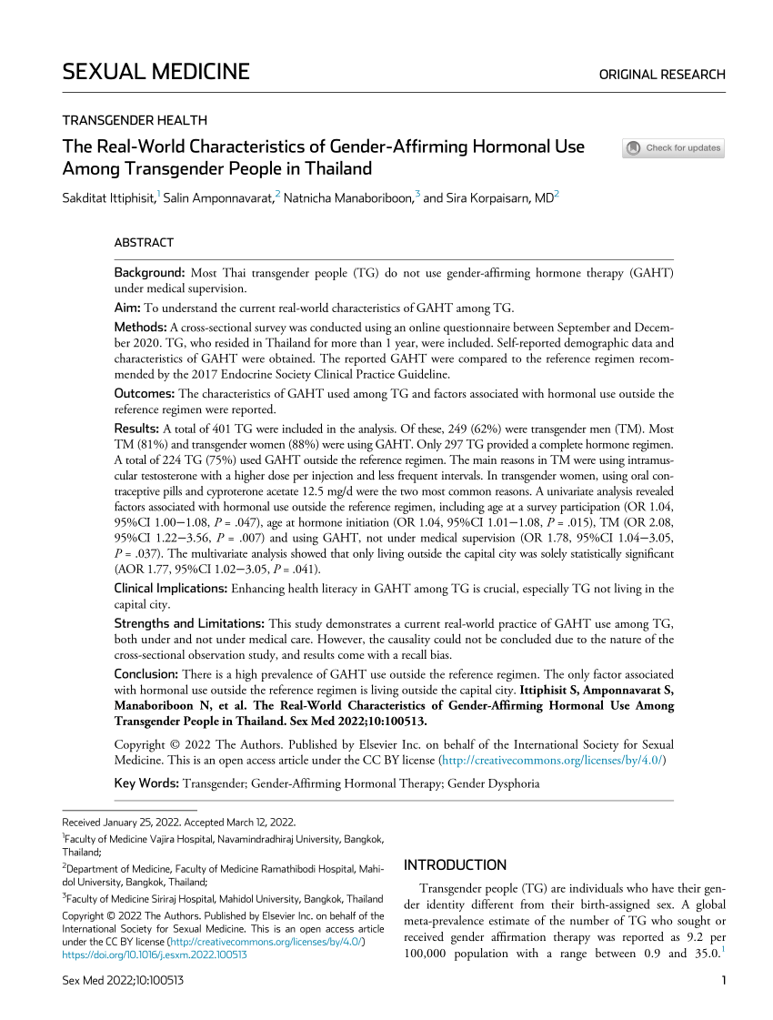 PDF) The Real-World Characteristics of Gender-Affirming Hormonal Use Among  Transgender People in Thailand