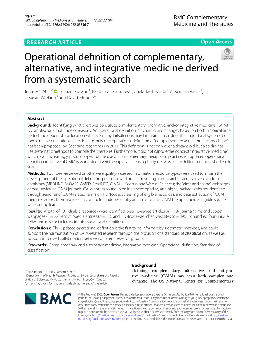 PDF) Operational definition of complementary, alternative, and integrative  medicine derived from a systematic search