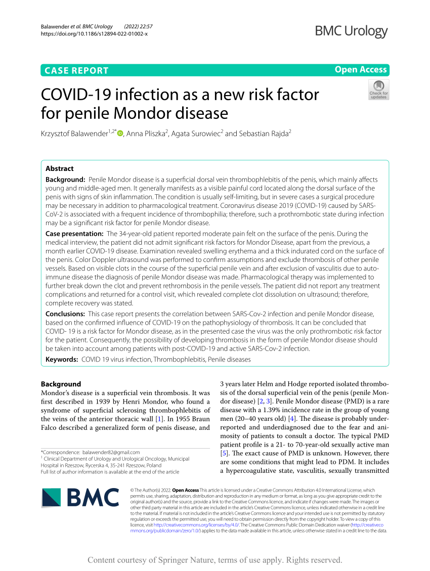 PDF COVID 19 infection as a new risk factor for penile Mondor disease