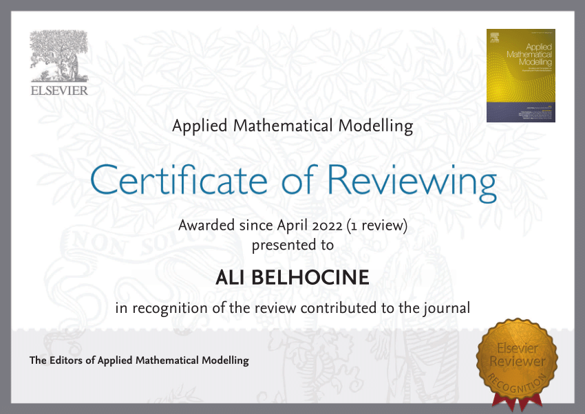 (PDF) Certificate of Reviewing in Applied Mathematical Modelling (Elsevier)