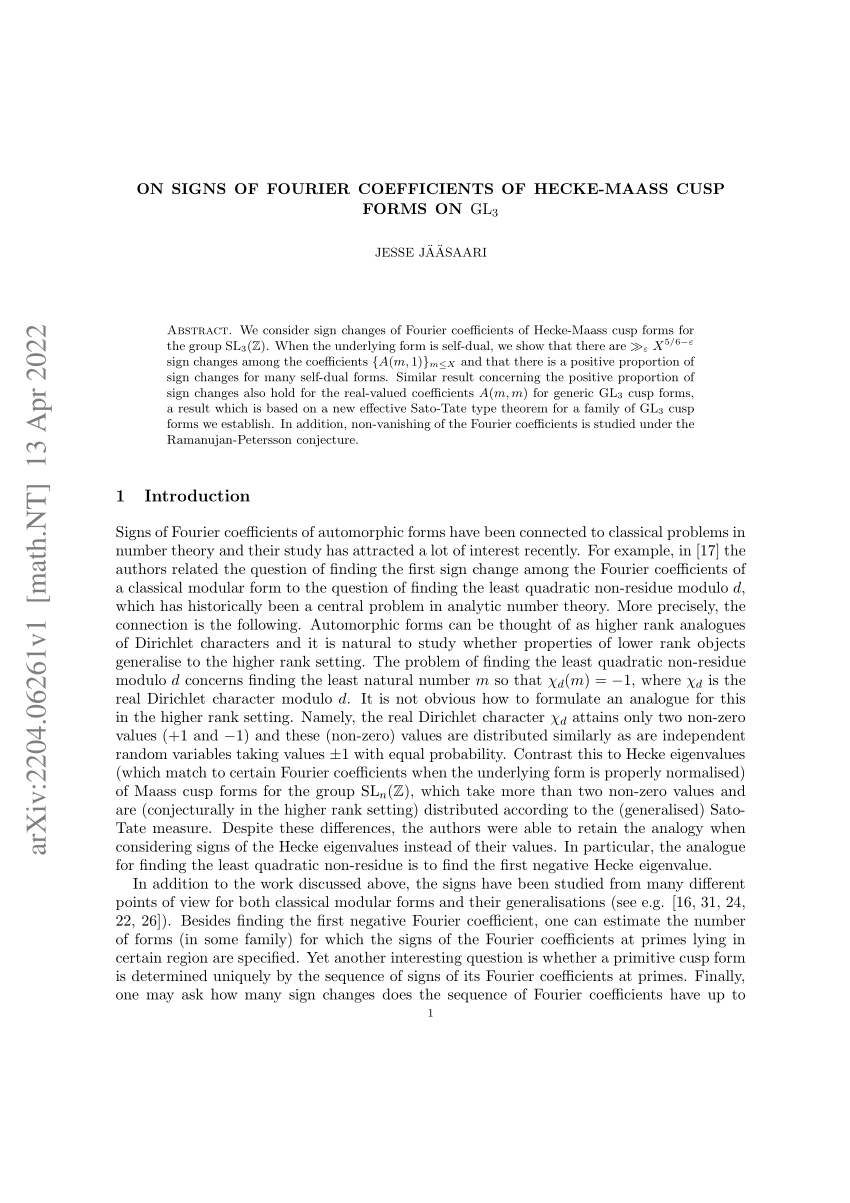 (PDF) On Signs of Fourier Coefficients of Hecke-Maass Cusp Forms on ...
