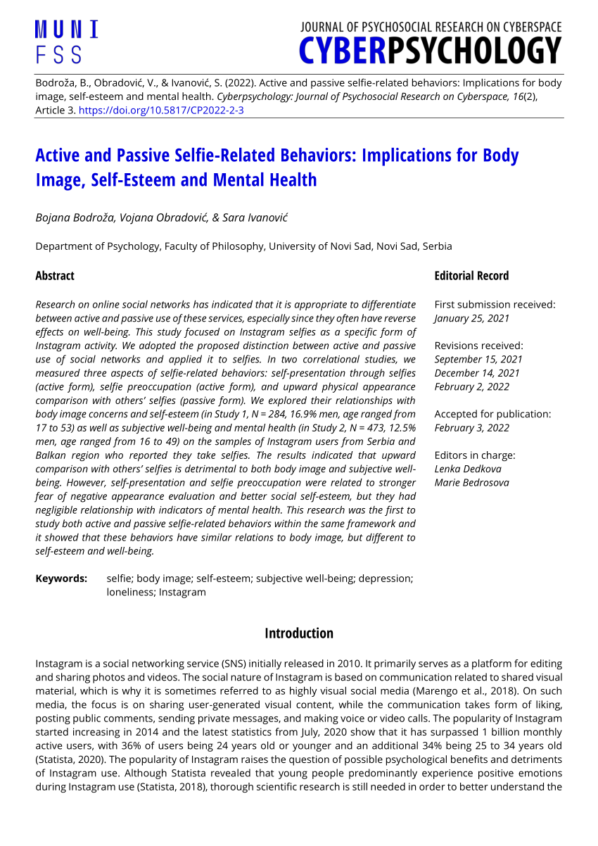 PDF) Active and passive selfie-related behaviors: Implications for
