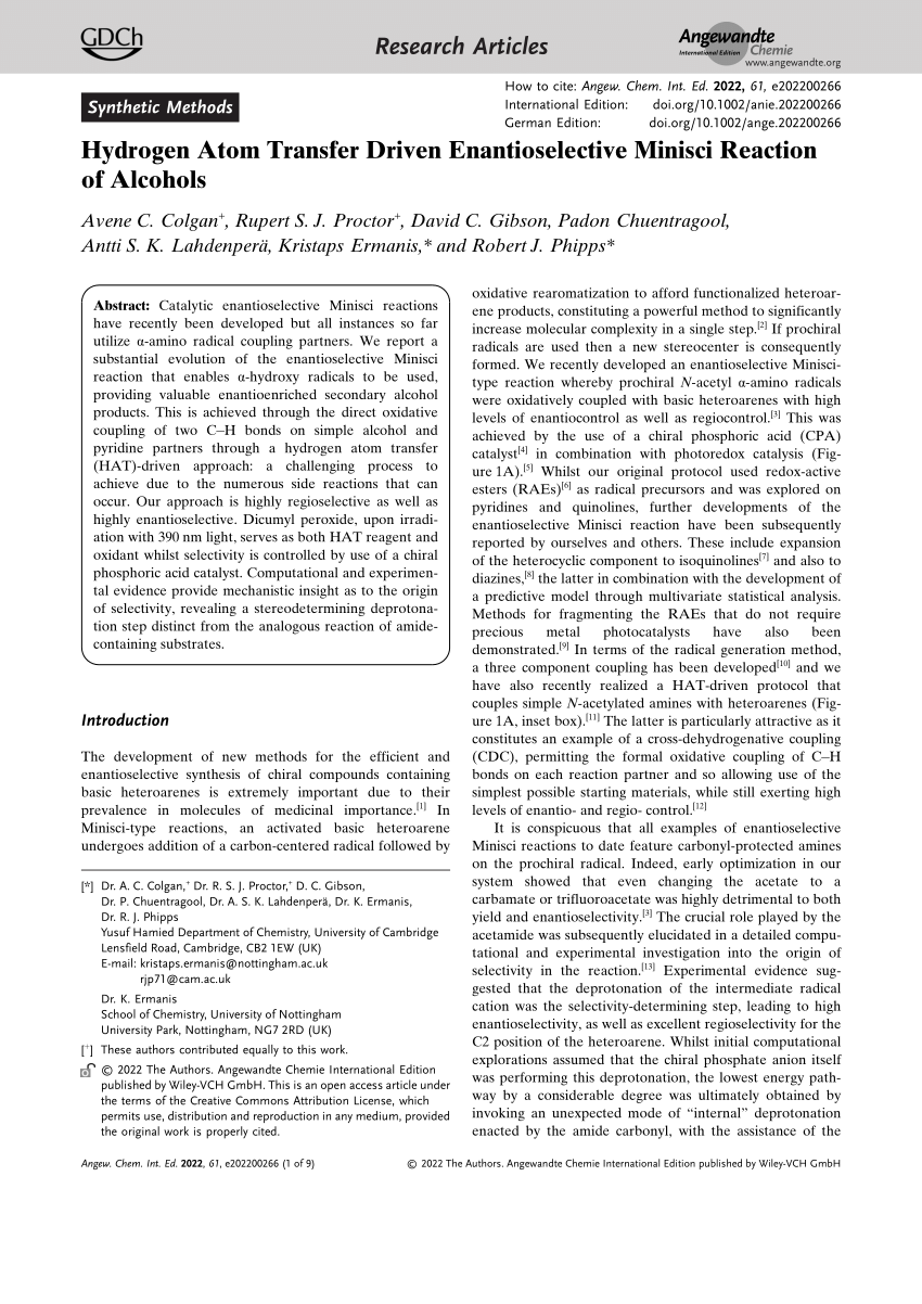 Pdf Hydrogen Atom Transfer Driven Enantioselective Minisci Reaction Of Alcohols