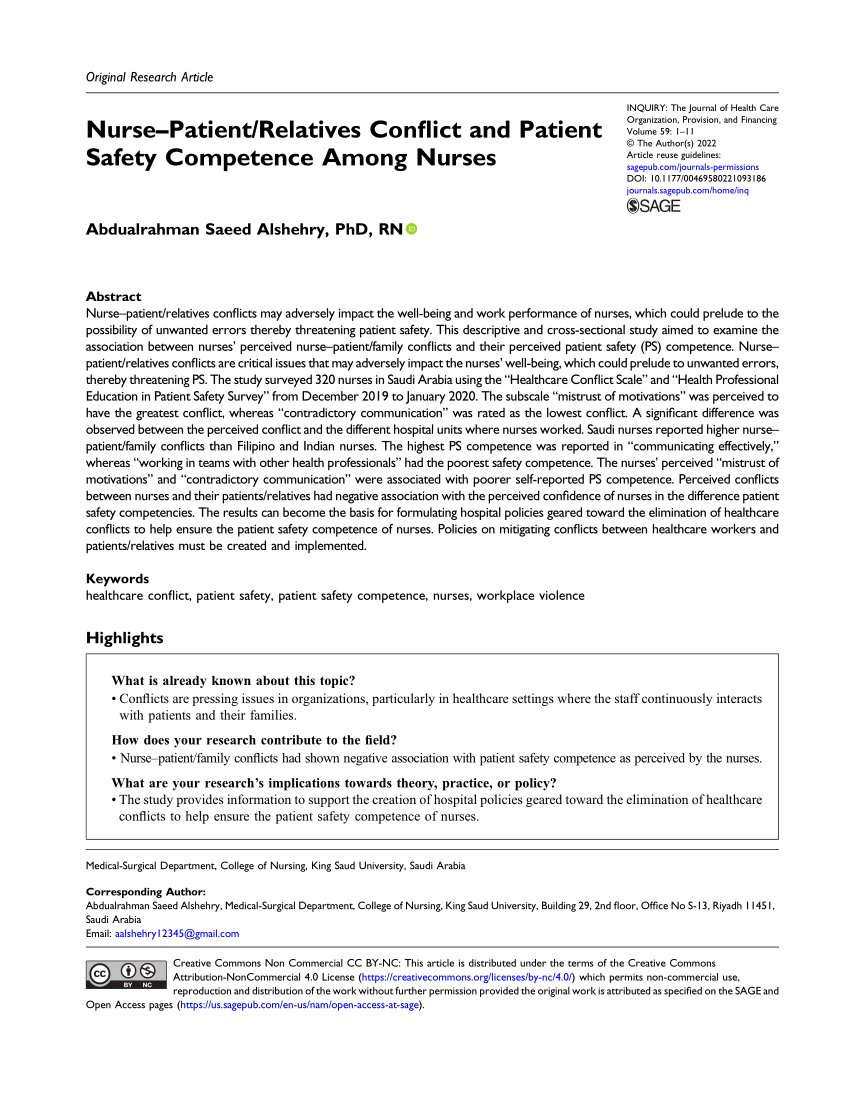 PDF Nurse Patient Relatives Conflict and Patient Safety