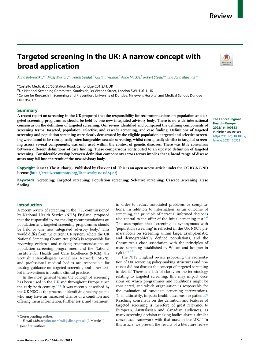 PDF) Targeted screening in the UK: A narrow concept with broad application