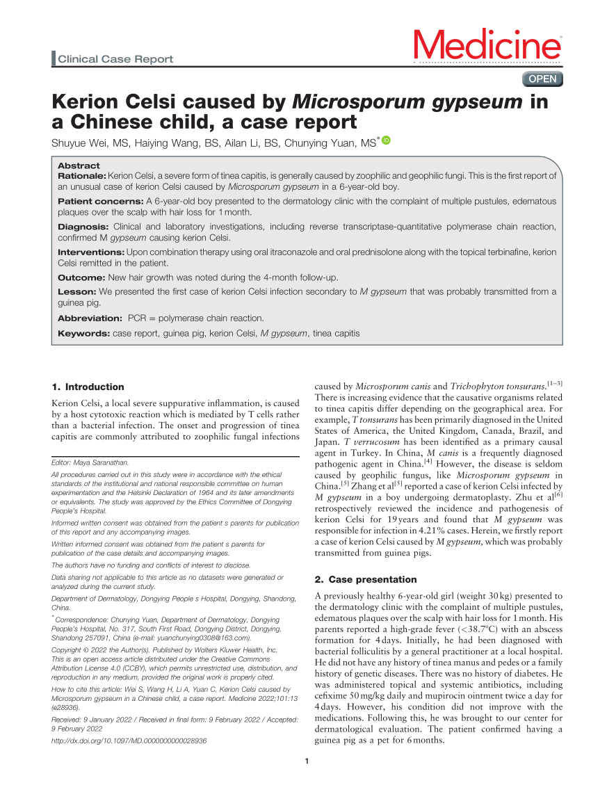 Pdf Kerion Celsi Caused By Microsporum Gypseum In A Chinese Child A