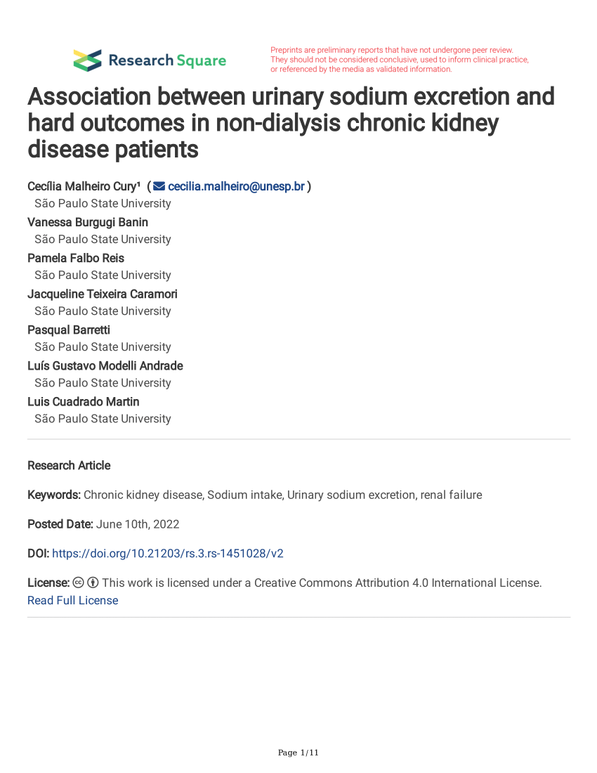 Pdf Association Between Urinary Sodium Excretion And Hard Outcomes In Non Dialysis Chronic 3868