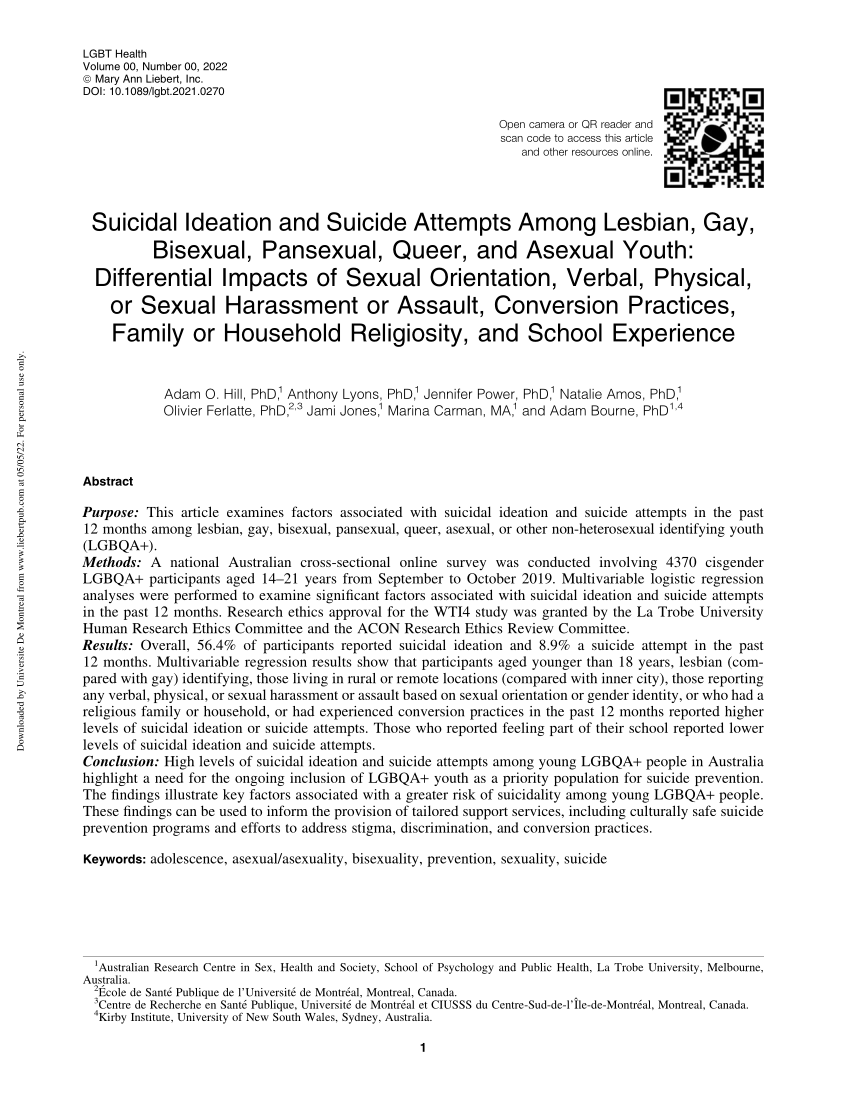 PDF) Suicidal Ideation and Suicide Attempts Among Lesbian, Gay, Bisexual,  Pansexual, Queer, and Asexual Youth: Differential Impacts of Sexual  Orientation, Verbal, Physical, or Sexual Harassment or Assault, Conversion  Practices, Family or Household