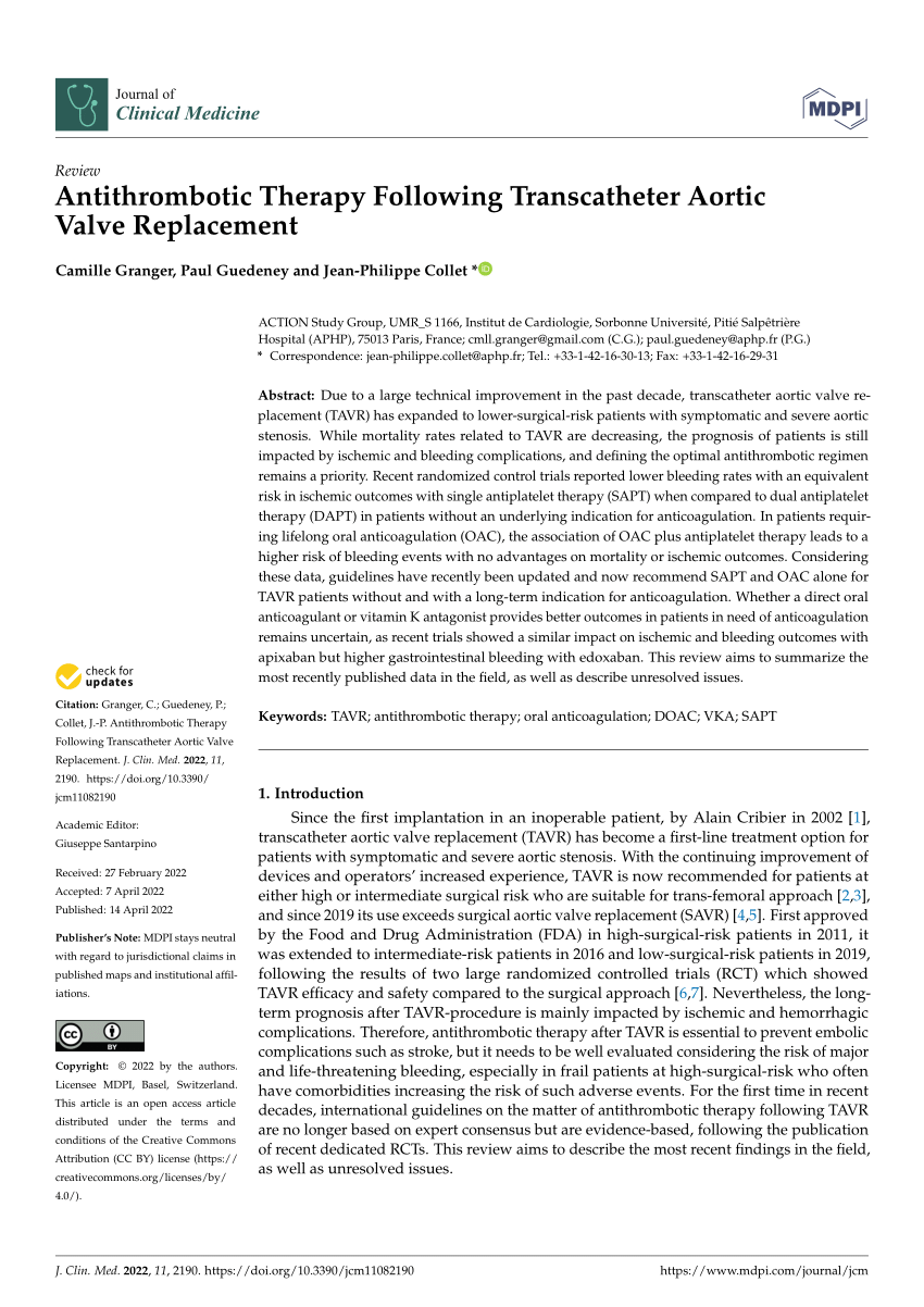 Pdf Antithrombotic Therapy Following Transcatheter Aortic Valve Replacement