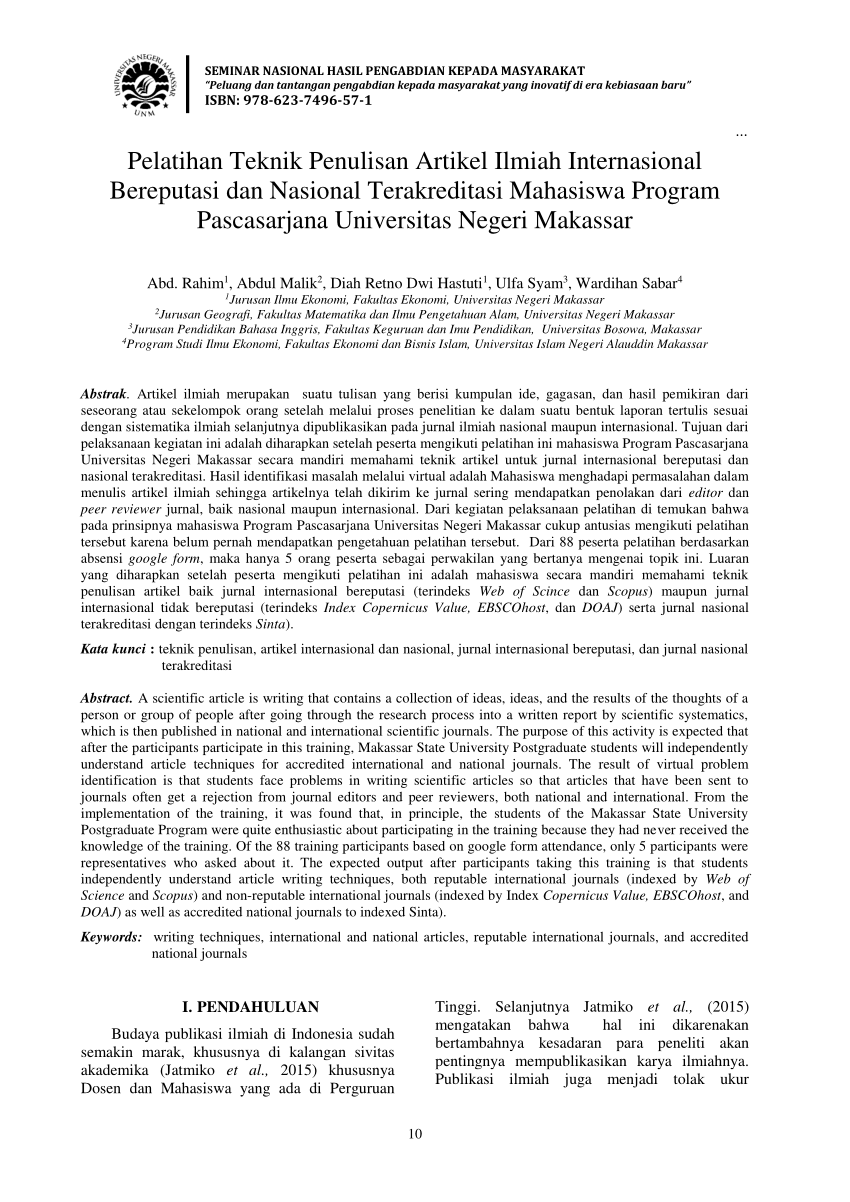 Pdf Pelatihan Teknik Penulisan Artikel Ilmiah Internasional Bereputasi Dan Nasional