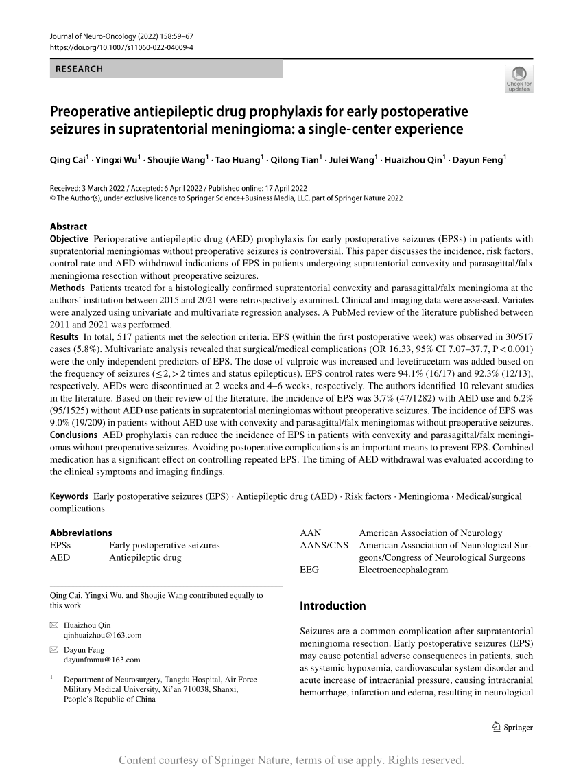 Preoperative Antiepileptic Drug Prophylaxis For Early Postoperative Seizures In Supratentorial 1629