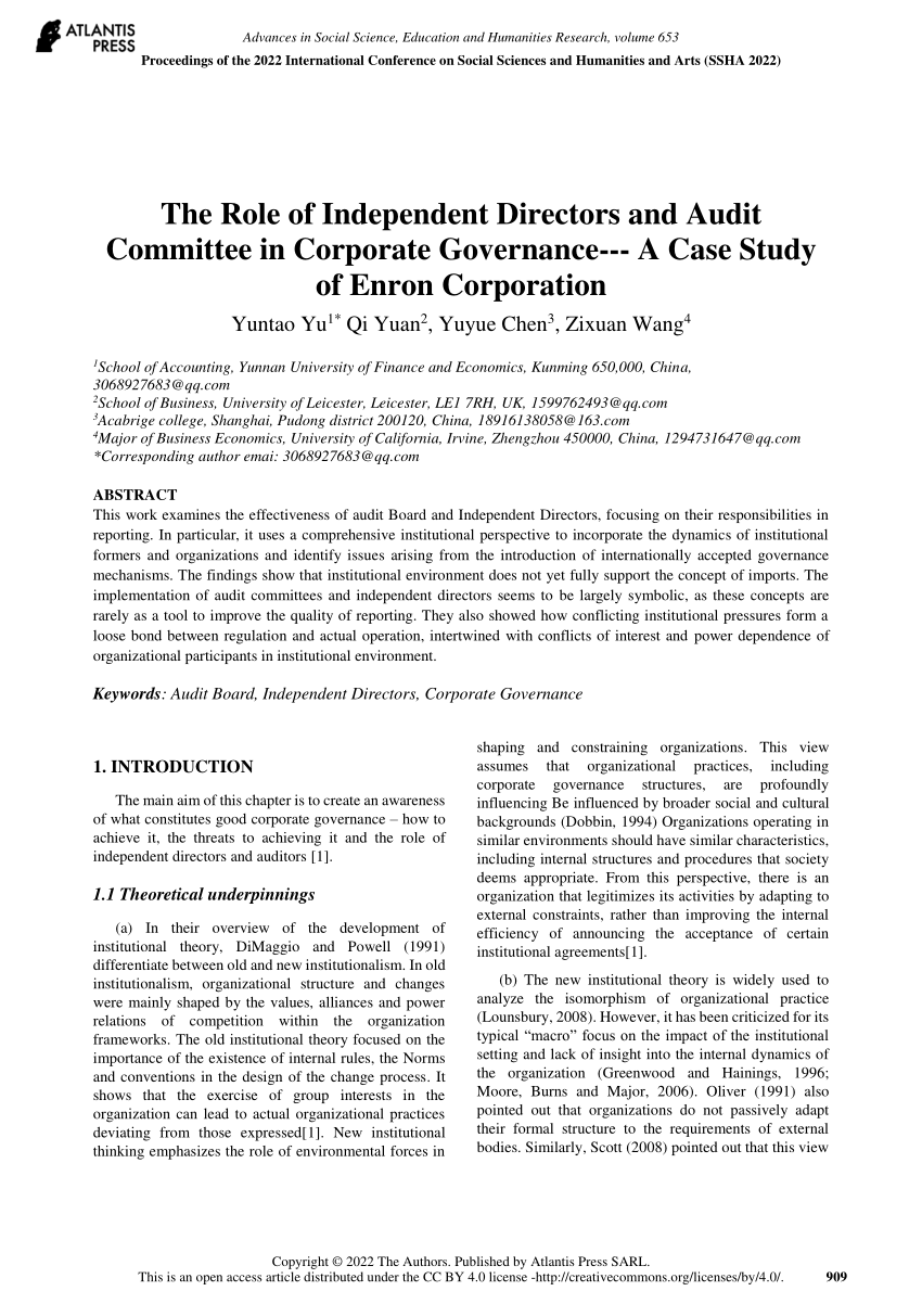 Pdf The Role Of Independent Directors And Audit Committee In