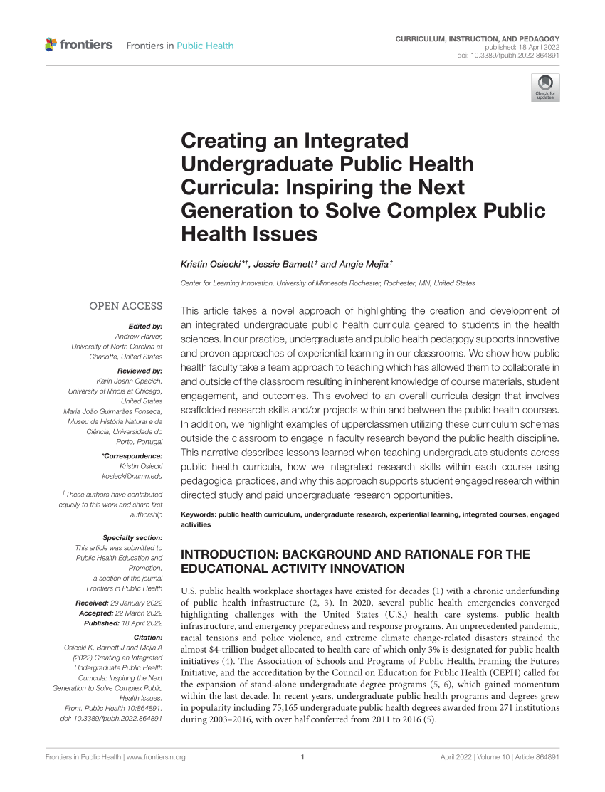 PDF Creating an Integrated Undergraduate Public Health Curricula