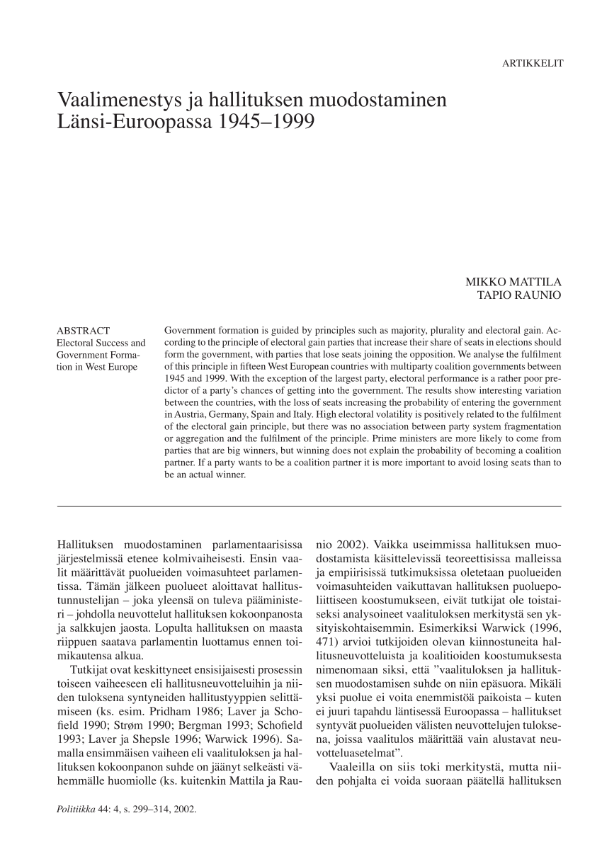 PDF) Vaalimenestys ja hallituksen muodostaminen Länsi-Euroopassa 1945-1999