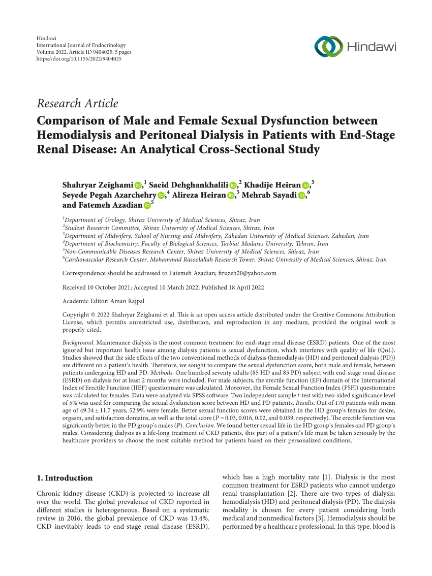 Pdf Comparison Of Male And Female Sexual Dysfunction Between Hemodialysis And Peritoneal 1700