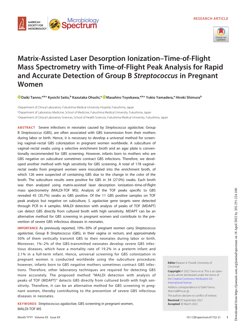 PDF) Matrix-Assisted Laser Desorption Ionization–Time-of-Flight Mass  Spectrometry with Time-of-Flight Peak Analysis for Rapid and Accurate  Detection of Group B Streptococcus in Pregnant Women