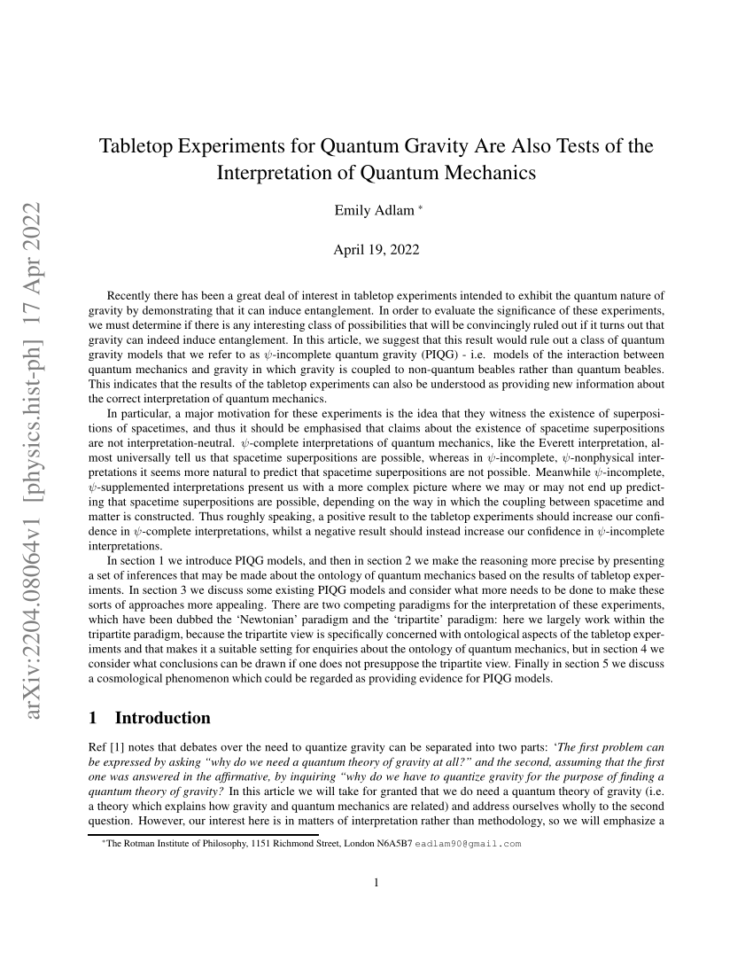 Pdf Tabletop Experiments For Quantum Gravity Are Also Tests Of The Interpretation Of Quantum 4694