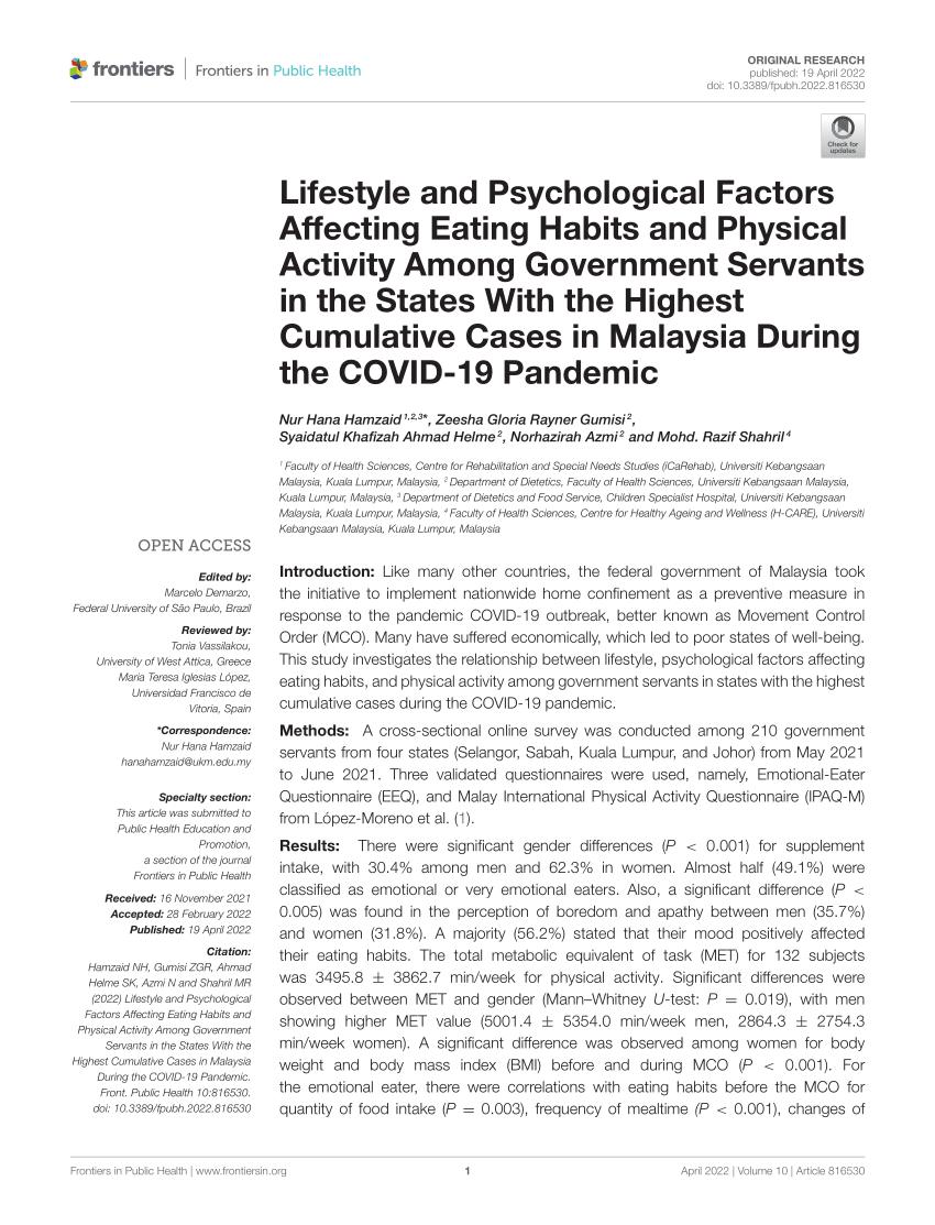 Pdf Lifestyle And Psychological Factors Affecting Eating Habits And Physical Activity Among 8261
