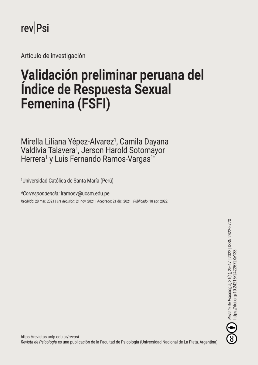 Pdf Validación Preliminar Peruana Del Índice De Respuesta Sexual Femenina Fsfi 1815