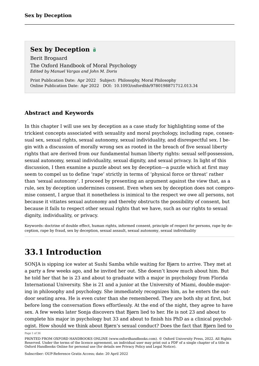 PDF) Sex by Deception of a single chapter of a title in Oxford Handbooks  Online for personal use (for details see Privacy Policy and Legal Notice).  Sex by Deception The Oxford Handbook