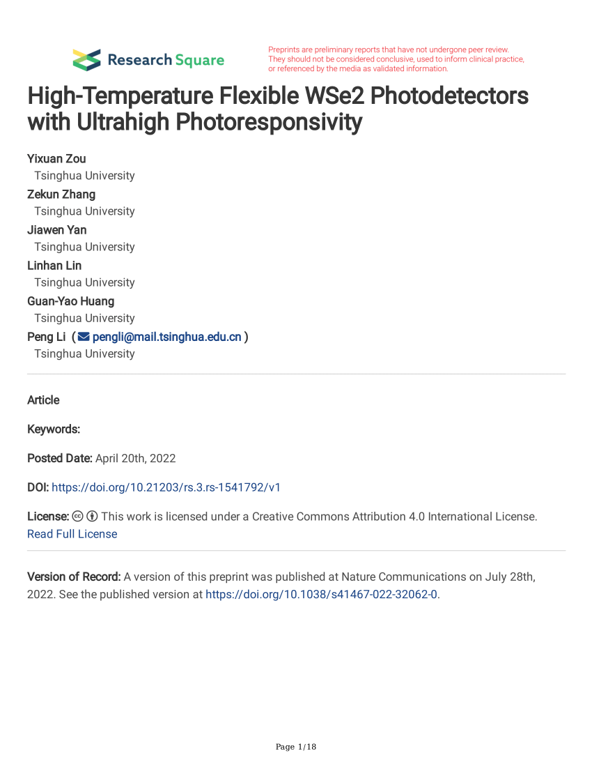 (PDF) HighTemperature Flexible WSe2 Photodetectors with Ultrahigh Photoresponsivity