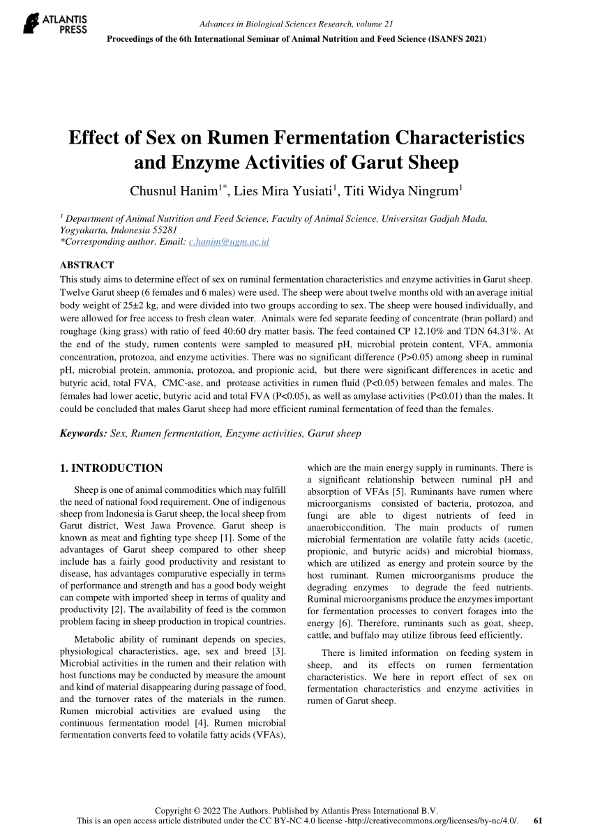 Pdf Effect Of Sex On Rumen Fermentation Characteristics And Enzyme Activities Of Garut Sheep